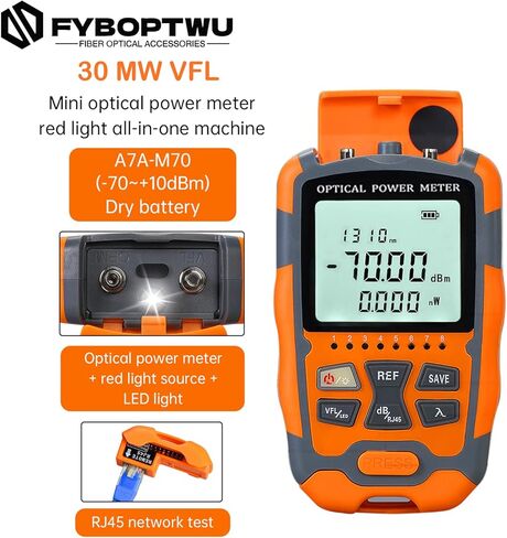 FYBOPTWU - 4 في 1 وظيفة 30 ميجاوات VFL محدد موقع الأخطاء البصرية ومقياس الطاقة الضوئية المحمول OPM (FC/SC/ST) واختبار شبكة RJ45 وإضاءة LED، اختبار الألياف البصرية المحمولة، النطاق: (-70) ديسيبل مللي متر ~ (+10) ديسيبل ميلي واط in Kuwait