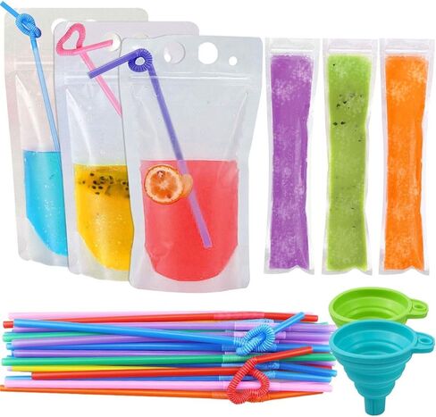 SelfTek 121 قطعة من أكياس المشروبات للبالغين، أكياس عصير عصير قابلة للإغلاق مع شفاطات ×30 وقمع ×1، 60 كيس مصاصات، أكياس بلاستيكية شفافة لأكياس المشروبات للبالغين والأطفال in Kuwait