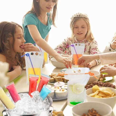 SelfTek 121 قطعة من أكياس المشروبات للبالغين، أكياس عصير عصير قابلة للإغلاق مع شفاطات ×30 وقمع ×1، 60 كيس مصاصات، أكياس بلاستيكية شفافة لأكياس المشروبات للبالغين والأطفال in Kuwait