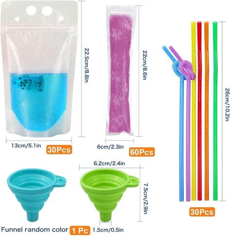 SelfTek 121 قطعة من أكياس المشروبات للبالغين، أكياس عصير عصير قابلة للإغلاق مع شفاطات ×30 وقمع ×1، 60 كيس مصاصات، أكياس بلاستيكية شفافة لأكياس المشروبات للبالغين والأطفال in Kuwait