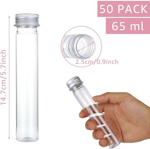 WOPPLXY 50 Pcs 65 ml Clear Flat Plastic Test Tubes with Screw Caps, Plastic Candy Tubes with Screw Caps, Bath Salts Test Tubes, Gumball Tubes for Candy,Bath Salts,Spices,Beads Display and Party Decor in Saudi Arabia