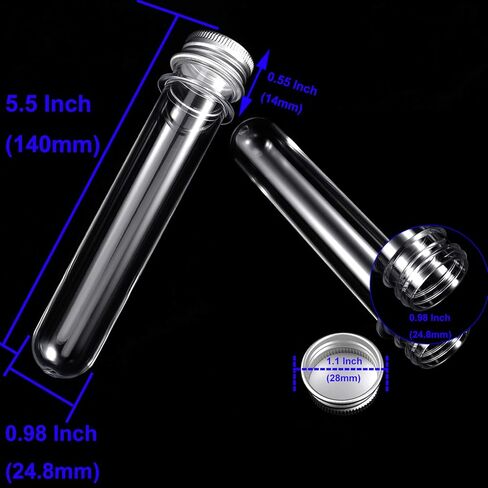 KOHAND 50 قطعة 140 × 25 مم أنابيب اختبار شفافة مع أغطية لولبية، أنبوب اختبار بلاستيكي 40 مل مع أغطية من الألومنيوم لعينة حلوى عيد الميلاد وملح الاستحمام وحفلات العلوم in Kuwait