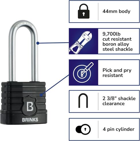 BRINKS - 44mm Commercial Laminated Steel Weather Resistant Padlock with 2 3/8" Shackle - TPE Wrapped and Hardened Boron Steel Shackle in Kuwait