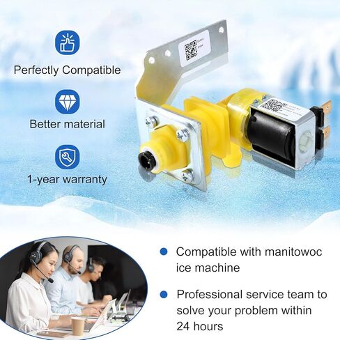 000009122، 000008484، IH9122 مجموعة صمامات مدخل المياه المتوافقة مع آلات صنع الثلج مانيتووك، 220/240 فولت 50/60 هرتز 6 وات، تناسب ماكينات السلسلة I، IB، ID، IR، IY، K، QR، QY، S، SD، SR، SY، 1 سنة الضمان in Kuwait