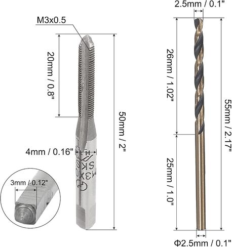 uxcell 3pcs Straight Threaded Tap M3 x 0.5 Metric SKS2 3 Flutes & 5 Pcs Straight Shank Twist Drill Bits 2.5mm High Speed Steel in Saudi Arabia