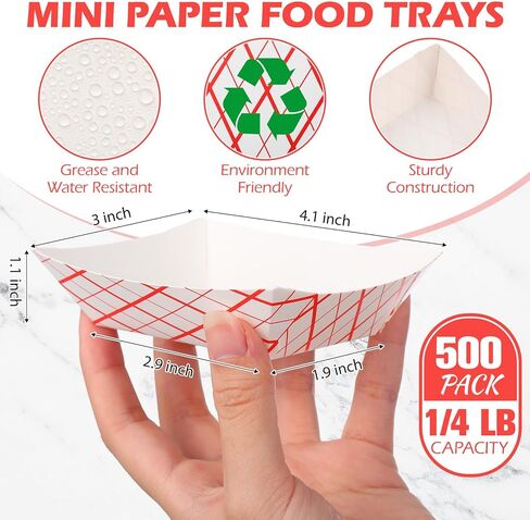 علبة طعام ورقية من دانات 500 عبوة سعة 1/4 رطل، صينية طعام للاستعمال مرة واحدة، صينية ورق مربعة باللون الأحمر والأبيض، حاوية طعام من الورق المقوى المقاوم للدهون للتخييم وحفلات الكرنفال، تحمل التوابل والوجبات الخفيفة الساخنة والباردة in Kuwait