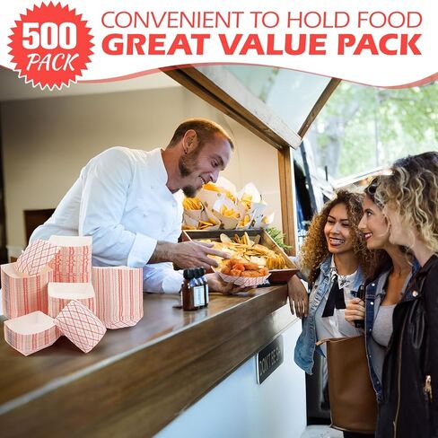 علبة طعام ورقية من دانات 500 عبوة سعة 1/4 رطل، صينية طعام للاستعمال مرة واحدة، صينية ورق مربعة باللون الأحمر والأبيض، حاوية طعام من الورق المقوى المقاوم للدهون للتخييم وحفلات الكرنفال، تحمل التوابل والوجبات الخفيفة الساخنة والباردة in Kuwait