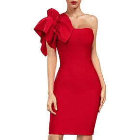 UONBOX Women's Ruffle One Shoulder Bodycon Dress Knee Length Party Club Bandage Dress