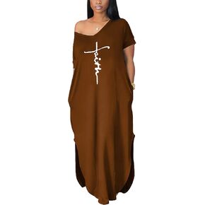 Women's Summer Casual Short Sleeve V Neck Tshirt Long Dress Loose Side Split Beach Maxi Dresses with Pocket