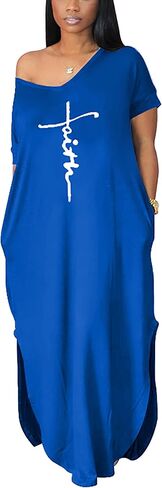 Women's Summer Casual Short Sleeve V Neck Tshirt Long Dress Loose Side Split Beach Maxi Dresses with Pocket in Kuwait