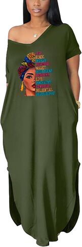 Women's Summer Casual Short Sleeve V Neck Tshirt Long Dress Loose Side Split Beach Maxi Dresses with Pocket in Kuwait