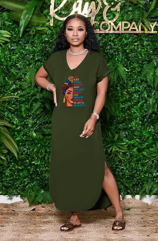 Women's Summer Casual Short Sleeve V Neck Tshirt Long Dress Loose Side Split Beach Maxi Dresses with Pocket in Kuwait