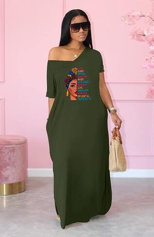 Women's Summer Casual Short Sleeve V Neck Tshirt Long Dress Loose Side Split Beach Maxi Dresses with Pocket in Kuwait