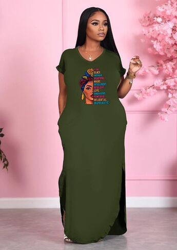 Women's Summer Casual Short Sleeve V Neck Tshirt Long Dress Loose Side Split Beach Maxi Dresses with Pocket in Kuwait