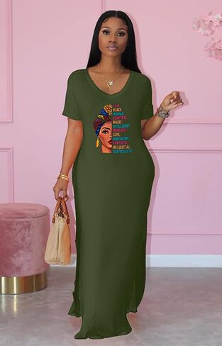 Women's Summer Casual Short Sleeve V Neck Tshirt Long Dress Loose Side Split Beach Maxi Dresses with Pocket in Kuwait