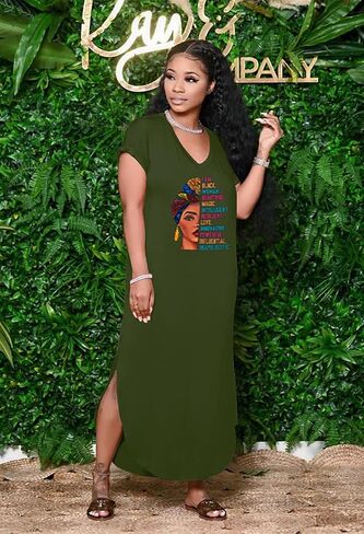 Women's Summer Casual Short Sleeve V Neck Tshirt Long Dress Loose Side Split Beach Maxi Dresses with Pocket in Kuwait