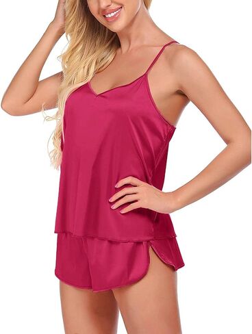 Satin Pajamas Pajamas Nightwear Sexy Set Set Shorts Womens Lingerie Cami Intimates Sexy Lingerie for Her (Hot Pink, XL) in Kuwait