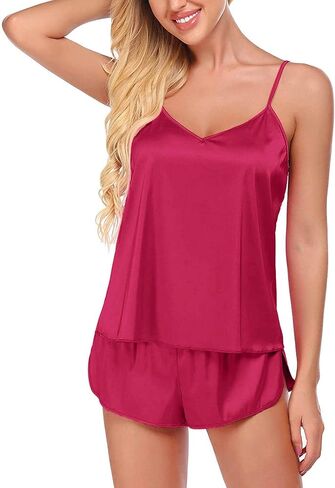 Satin Pajamas Pajamas Nightwear Sexy Set Set Shorts Womens Lingerie Cami Intimates Sexy Lingerie for Her (Hot Pink, XL) in Kuwait
