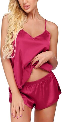 Satin Pajamas Pajamas Nightwear Sexy Set Set Shorts Womens Lingerie Cami Intimates Sexy Lingerie for Her (Hot Pink, XL) in Kuwait