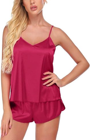 Satin Pajamas Pajamas Nightwear Sexy Set Set Shorts Womens Lingerie Cami Intimates Sexy Lingerie for Her (Hot Pink, XL) in Kuwait