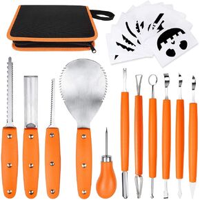 OWUDE Professional Pumpkin Carving Kit, 11 Pieces Heavy Duty Stainless Steel Carving Tools for Halloween with Carrying Case and 10 Pcs Carving Templates-Black