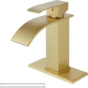 Airuida Brushed Gold Waterfall Spout Bathroom Faucet Single Handle Bathroom Sink Faucet Single Hole Rv Lavatory Vanity Vessel Faucet Basin Mixer Tap with Deck Plate Supply Hoses 1 Hole or 3 Hole