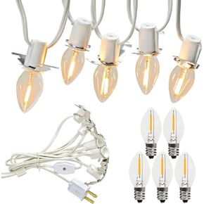 Accessory Cord with LED Night Lights - White Cord with On/Off Switch, Warm White C7 Bulbs and Spare Fuse for Holiday and Home Decoration
