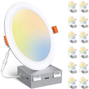 Amico 12 حزمة 6 بوصة 3CCT رفيعة للغاية LED مصباح سقف مجوف مع صندوق توصيل، 3000K/4000K/5000K قابل للتحديد، 12W Eqv 100W، مصابيح LED قابلة للتعتيم، إضاءة سفلية عالية السطوع 1000LM