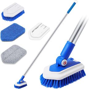 Lalafancy Shower Cleaning Brush with Locking Head, 3 in 1 Tub Tile Scrubber Brush with 50'' Extendable Long Handle Stiff Bristles Scouring Pads Microfiber for Cleaning Bathtub Shower Wall Bathroom