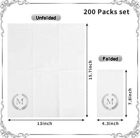 200 Pack Monogrammed Disposable Napkins Silver Foil Letter M Guest Napkins Initial Disposable Hand Paper Towels for Wedding Engagement Baby Shower Party Home Kitchen Bathroom Dinner Decorative Towels in Kuwait