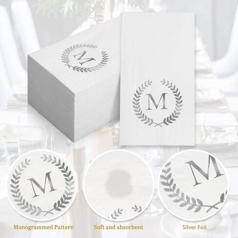 200 Pack Monogrammed Disposable Napkins Silver Foil Letter M Guest Napkins Initial Disposable Hand Paper Towels for Wedding Engagement Baby Shower Party Home Kitchen Bathroom Dinner Decorative Towels in Kuwait
