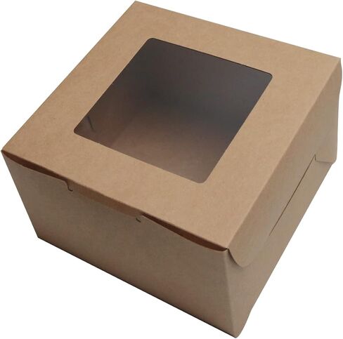 PQZKLDP 12Packs 6x6x5 Inches Brown Kraft Cake Boxes with Window, Gift Packing, Bakery Boxes, Dessert, Pastry, Cupcake, Pie Cookies, With Stickers,66 FT Twine (6 * 6 * 5 Inch, Brown) in Kuwait