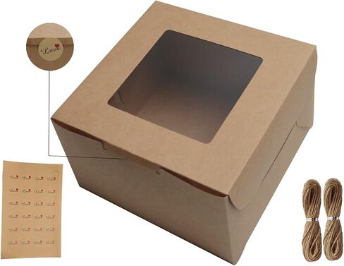 PQZKLDP 12Packs 6x6x5 Inches Brown Kraft Cake Boxes with Window, Gift Packing, Bakery Boxes, Dessert, Pastry, Cupcake, Pie Cookies, With Stickers,66 FT Twine (6 * 6 * 5 Inch, Brown) in Kuwait