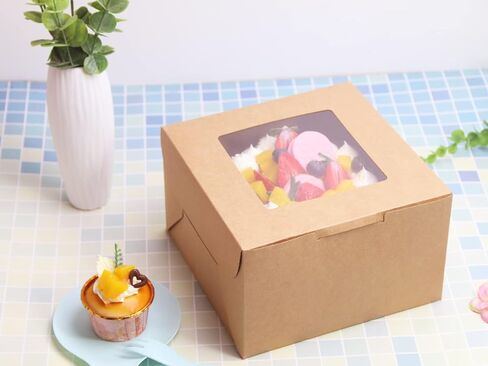 PQZKLDP 12Packs 6x6x5 Inches Brown Kraft Cake Boxes with Window, Gift Packing, Bakery Boxes, Dessert, Pastry, Cupcake, Pie Cookies, With Stickers,66 FT Twine (6 * 6 * 5 Inch, Brown) in Kuwait