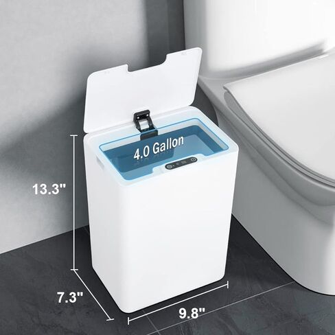 سلة مهملات الحمام بدون لمس من TrashAid مع غطاء، سلة مهملات بمستشعر حركة سعة 4.0 جالون أوتوماتيكية، سلة قمامة بلاستيكية ذكية سلة مهملات بيضاء صغيرة للمرحاض والمكتب والمركبات الترفيهية وغرفة النوم وغرفة المعيشة in Kuwait
