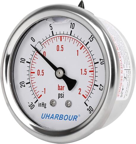 مقياس ضغط الفراغ المملوء بالجلسرين من UHARBOUR -30HG/30PSI، مقياس فراغ بقرص شفاف 2-1/2 بوصة، وصلة خلفية 1/4 بوصة NPT، علبة من الفولاذ المقاوم للصدأ، حركة نحاسية، موازين مزدوجة in Kuwait