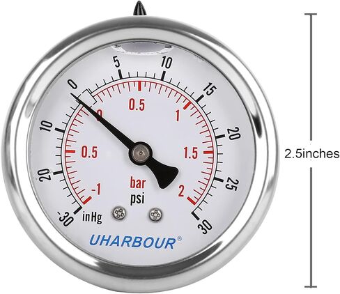 مقياس ضغط الفراغ المملوء بالجلسرين من UHARBOUR -30HG/30PSI، مقياس فراغ بقرص شفاف 2-1/2 بوصة، وصلة خلفية 1/4 بوصة NPT، علبة من الفولاذ المقاوم للصدأ، حركة نحاسية، موازين مزدوجة in Kuwait