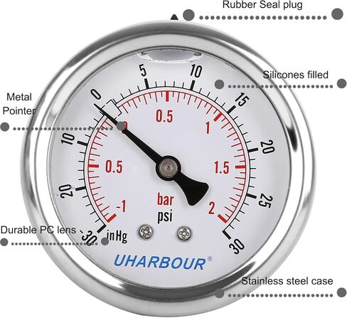 مقياس ضغط الفراغ المملوء بالجلسرين من UHARBOUR -30HG/30PSI، مقياس فراغ بقرص شفاف 2-1/2 بوصة، وصلة خلفية 1/4 بوصة NPT، علبة من الفولاذ المقاوم للصدأ، حركة نحاسية، موازين مزدوجة in Kuwait