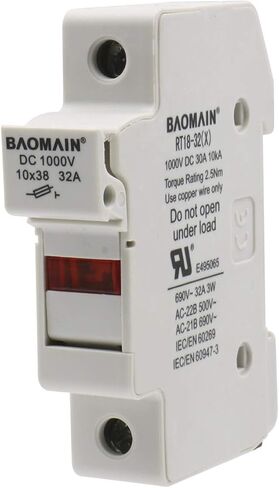 Baomain Solar PV Fuse Holder,Cylindrical Fuse Holder, 10 x 38 mm, 32 Amp, 1000 VDC, 1 Pole, 18 to 8 AWG, 35mm DIN Rail Mount, UR & CE Listed in Saudi Arabia