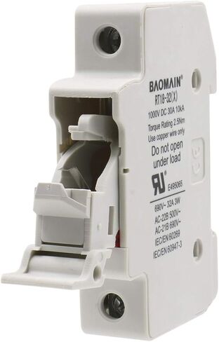 Baomain Solar PV Fuse Holder,Cylindrical Fuse Holder, 10 x 38 mm, 32 Amp, 1000 VDC, 1 Pole, 18 to 8 AWG, 35mm DIN Rail Mount, UR & CE Listed in Saudi Arabia
