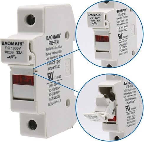 Baomain Solar PV Fuse Holder,Cylindrical Fuse Holder, 10 x 38 mm, 32 Amp, 1000 VDC, 1 Pole, 18 to 8 AWG, 35mm DIN Rail Mount, UR & CE Listed in Saudi Arabia