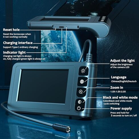 كاميرا بوريسكوب للمنظار الصناعي من SKYBASIC مع ضوء، شاشة LCD مقاس 4.3 بوصة، كاميرا ثعبان رقمية عالية الدقة محمولة باليد وكاميرا فحص المجاري المقاومة للماء مع 8 مصابيح LED، وكابل شبه صلب بطول 66 قدمًا in Kuwait