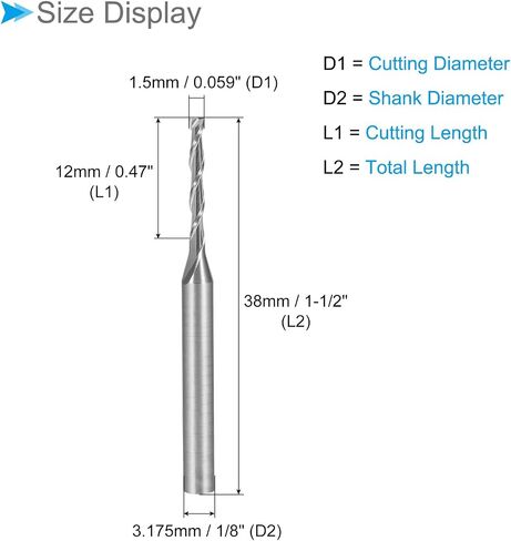 CoCud Spiral End Mill, 1/8" Shank 1.5mm x 12mm Solid Carbide 2-Flute CNC Router Bit Milling Cutter - (Applications: for Plywood Hardwood Plastic), 1-Piece in Saudi Arabia