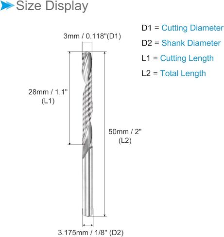مطحنة نهاية حلزونية CoCud، ساق 1/8 بوصة 3 مم × 28 مم من الكربيد الصلب 1-فلوت CNC راوتر بت طحن - (التطبيقات: للخشب الرقائقي والبلاستيك الصلب)، قطعة واحدة in Kuwait