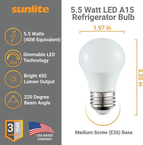 لمبة إضاءة ثلاجة Sunlite 80224-SU LED A15، 5.5 واط (ما يعادل 40 واط)، 450 لومن، قاعدة متوسطة (E26)، قابلة للتعتيم، لمسة نهائية بلوري، مدرجة في قائمة UL، نجمة الطاقة، 50 ك - أبيض فائق، عبوة واحدة in Saudi Arabia