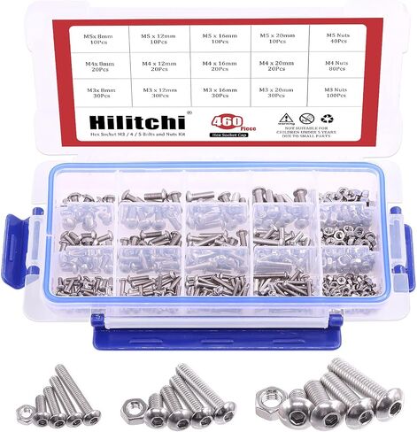 Hilitchi 460-Piece M3 M4 M5 Stainless Steel Button Head Hex Socket Head Cap Bolts Screws Nuts Assortment Kit in Saudi Arabia