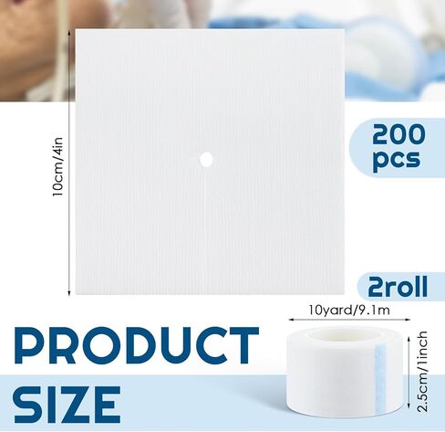Timgle 200 Pcs 4" x 4" Split Gauze Pads 6 Ply Split Drain Sponge Gauze Non Woven Slit Bandage Split Gauze Sponges with 2 Roll of Tape for Wound Care Tubes Drains Supplies in Kuwait
