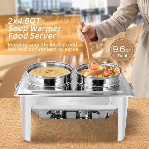 2 x 4.8QT/4.5L Stainless Steel Soup Chafer,2-Pot Commercial Soup Warmer Station,Round Food Servers Chafing Dish Pot with Lids for Buffet Catering Parties Restaurant in Kuwait