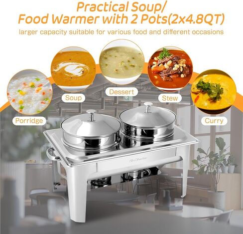 2 x 4.8QT/4.5L Stainless Steel Soup Chafer,2-Pot Commercial Soup Warmer Station,Round Food Servers Chafing Dish Pot with Lids for Buffet Catering Parties Restaurant in Kuwait