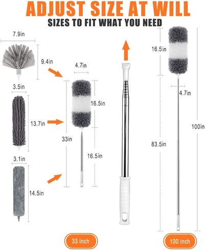 Microfiber Feather Duster, 7PCS Washable Dusters for Cleaning Kit with 100" Extension Long Pole, Bendable Telescopic Duster for Cleaning Dust on High Ceiling Fans Lights Blinds Cars Furniture in Kuwait